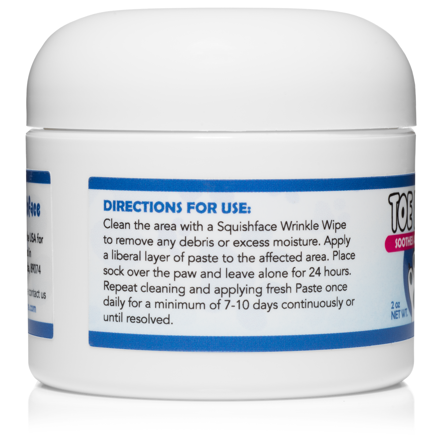 Jar of pet care product with directions for use on a white background