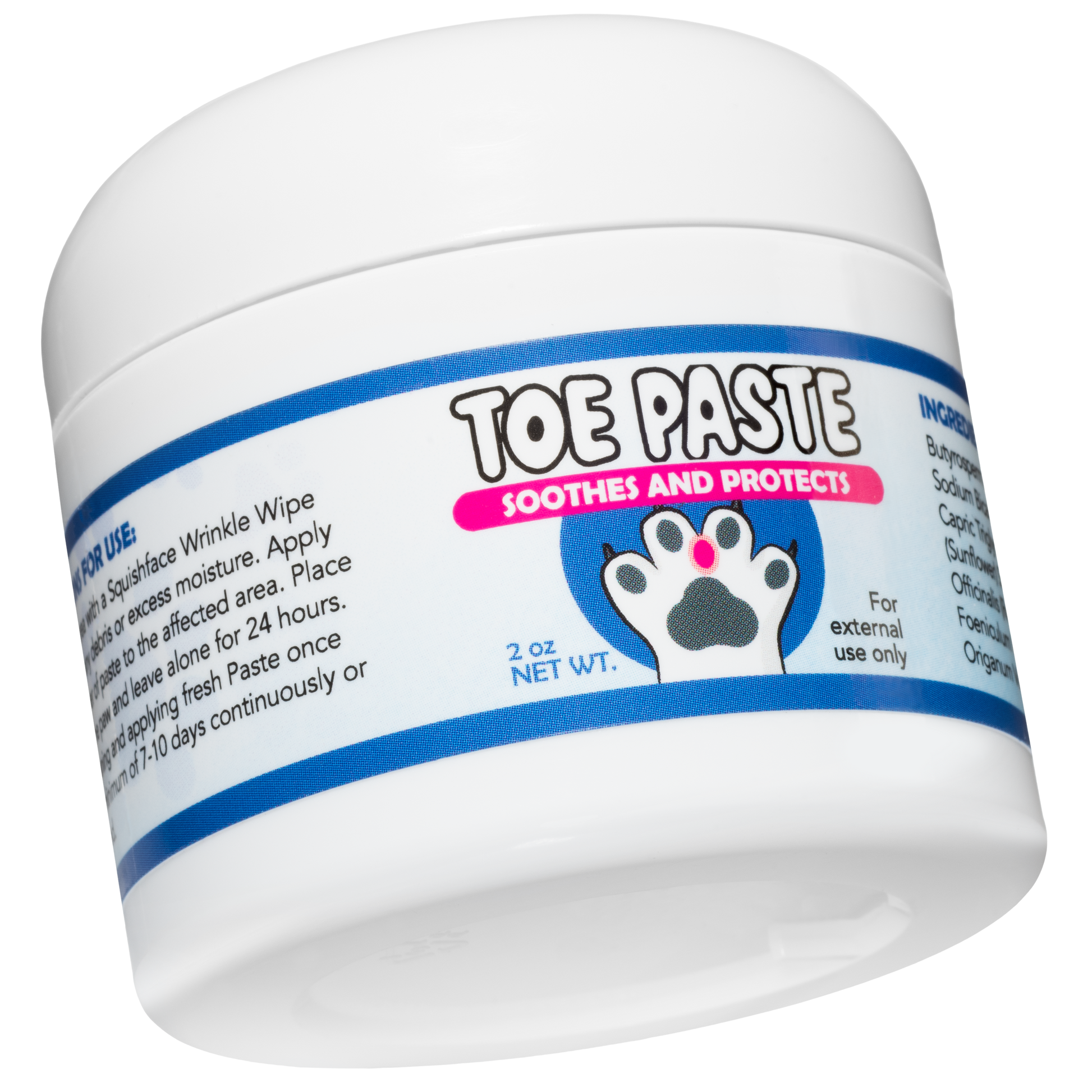 Jar of toe paste for dogs with a white background