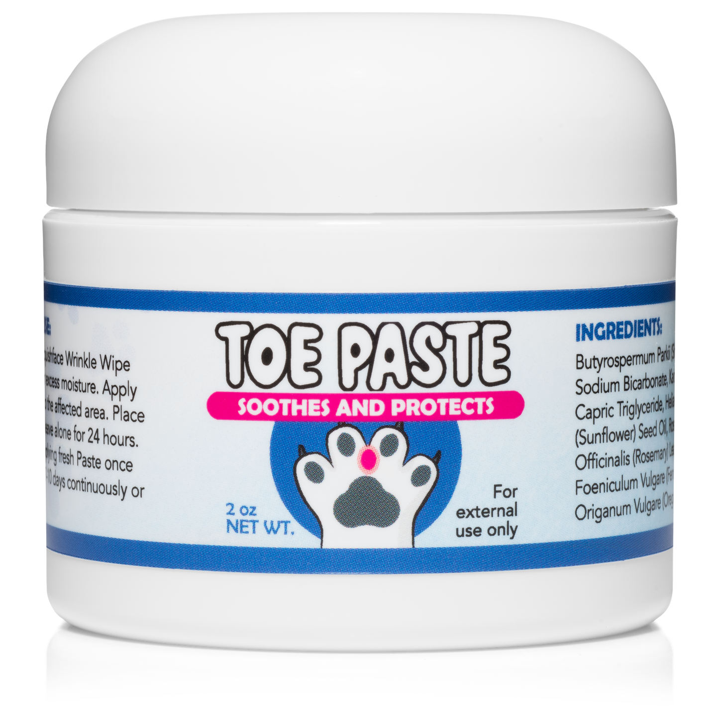 Jar of toe paste for pets with a white background