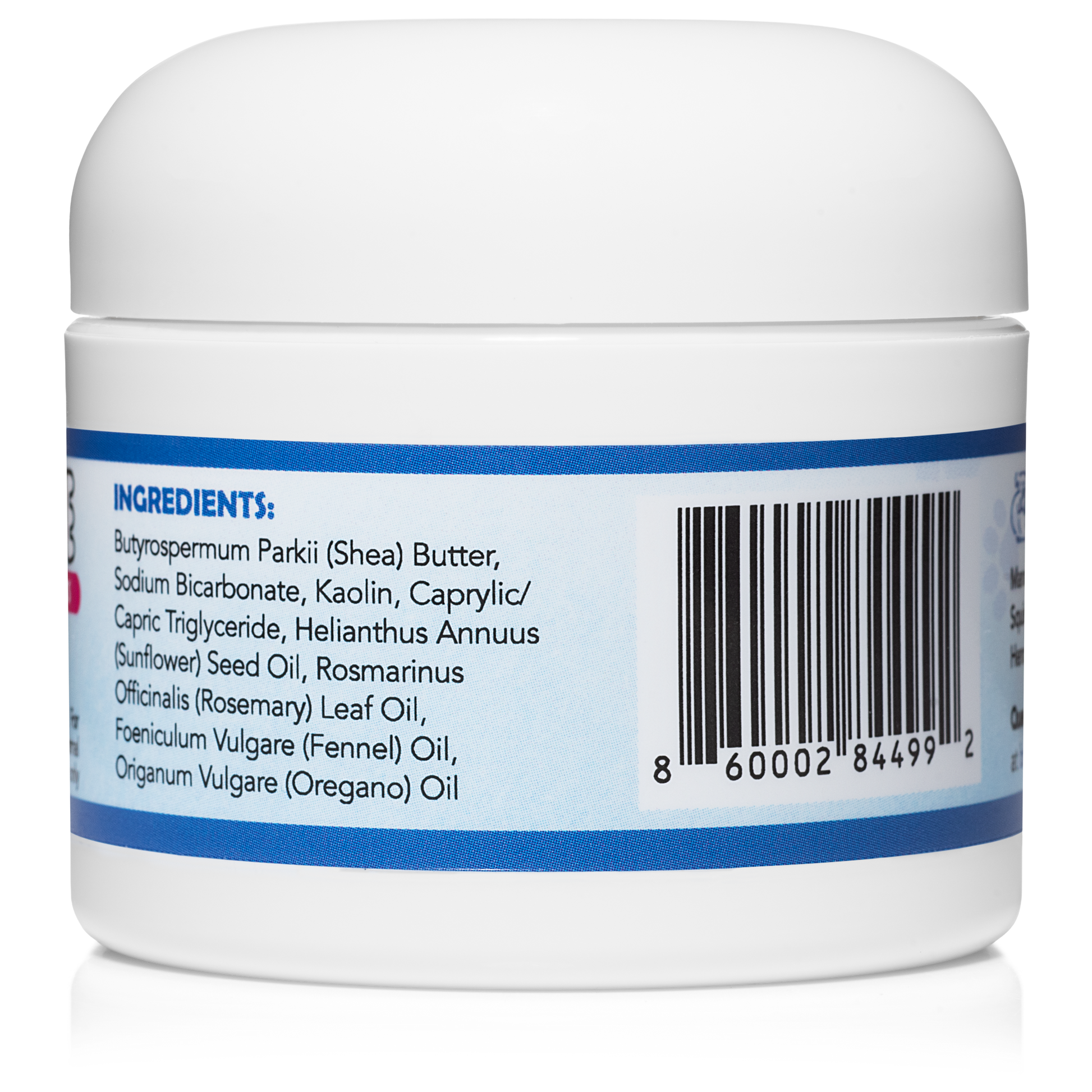Jar with a label showing ingredients and a barcode on a white background