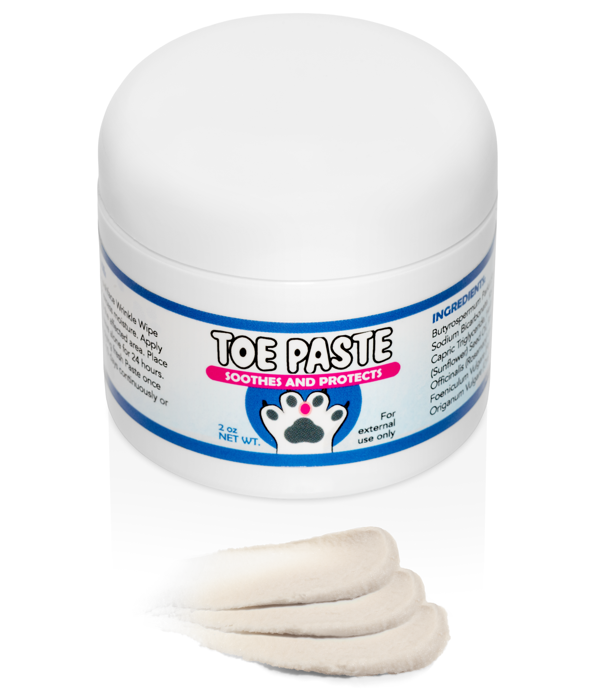 Jar of toe paste for pets with a small amount of paste on a white background