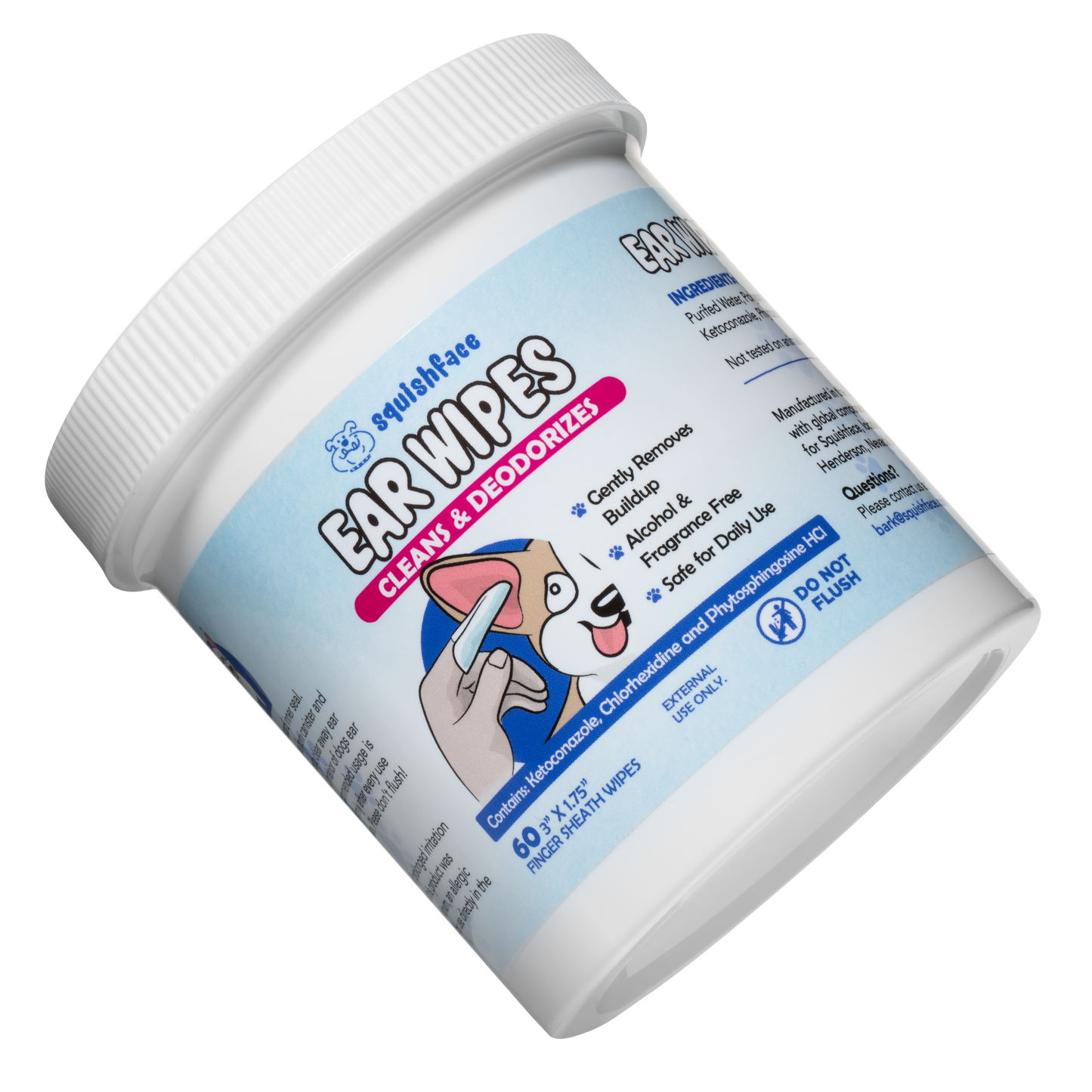 Container of ear wipes for pets with a cartoon dog on the label.