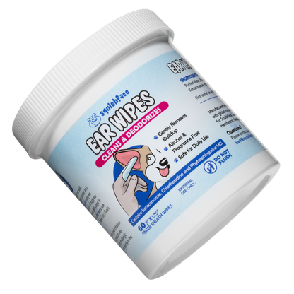 Container of ear wipes for pets with a cartoon dog on the label.