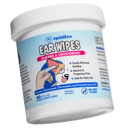 Container of Squishface ear wipes for dogs on a white background