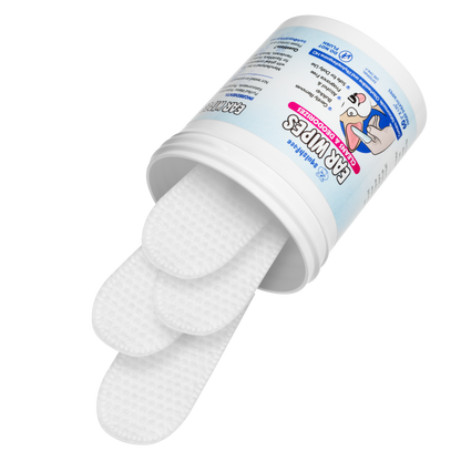 White ear swabs in a cylindrical container with branding on a white background