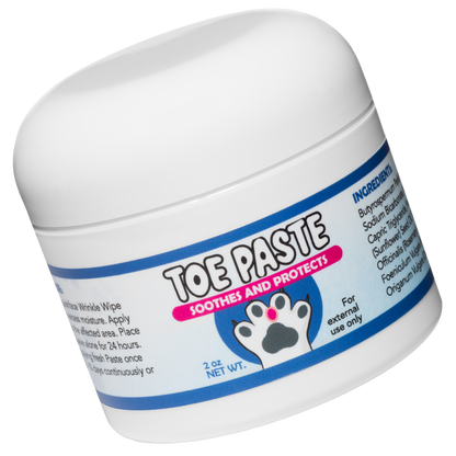 Jar of toe paste for pets with a white background