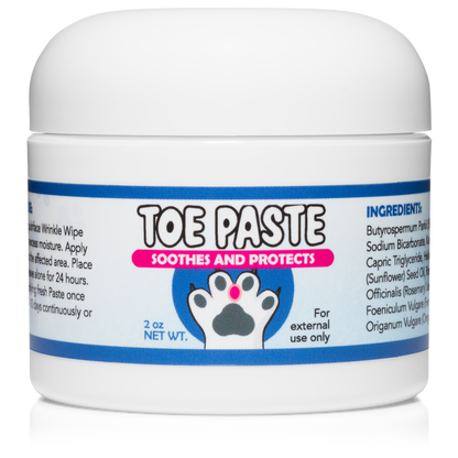 Jar of toe paste for pets with a white background